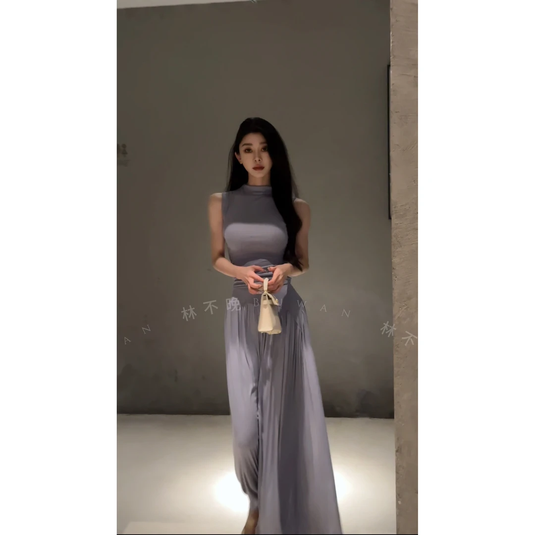 气质修身无袖背心上衣辣妹套装女夏季高腰半身长裙休闲两件套