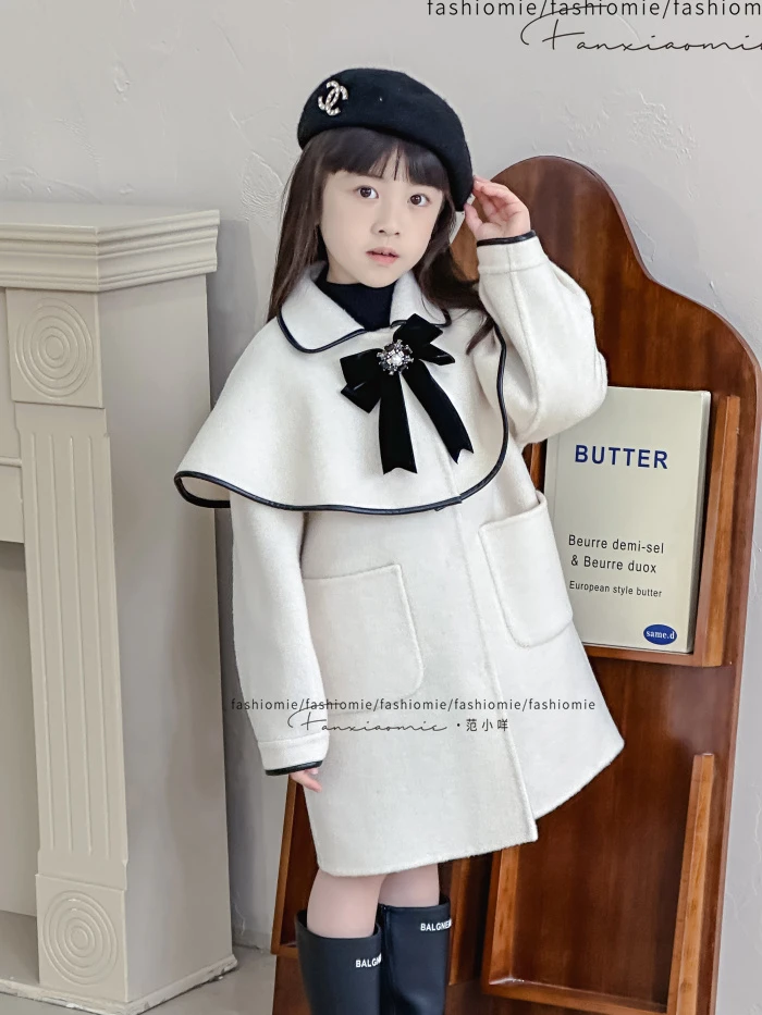 FASHIOMIE/范小咩秋冬礼服100%双面羊毛童装大衣毛呢斗篷两穿白色