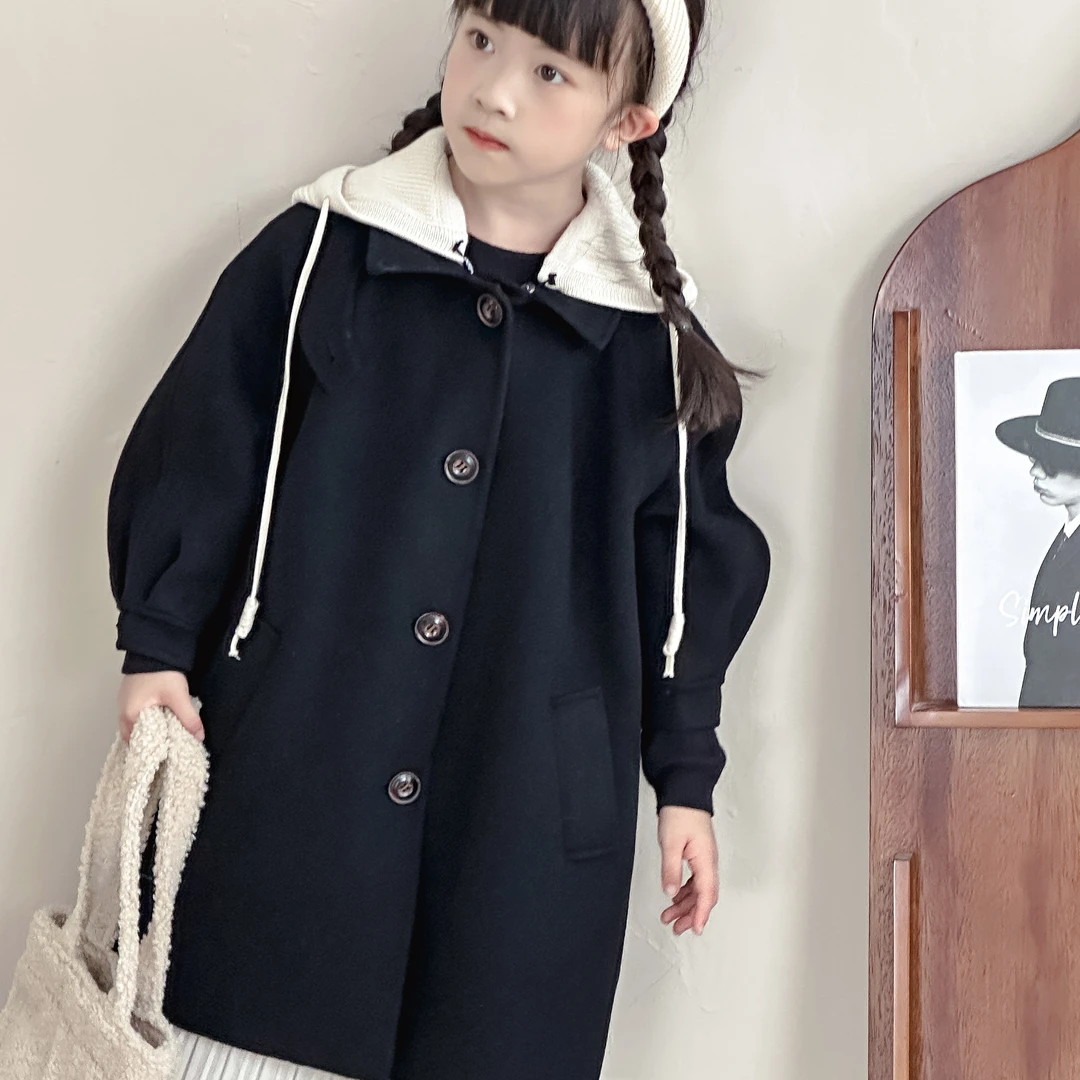 青少年学生秋冬长款连帽可拆卸双面羊毛呢大衣韩系男女长外套百搭