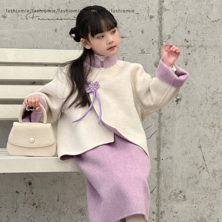 FASHIOMIE/范小咩高端羊毛中大儿童装国风新中式蚕丝兔毛套装长裙