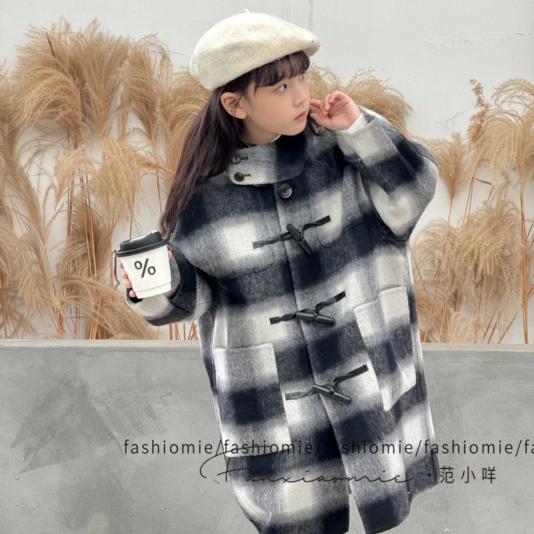 FASHIOMIE/范小咩呢子大衣男童亲子韩实木牛角扣加长外套千年格子