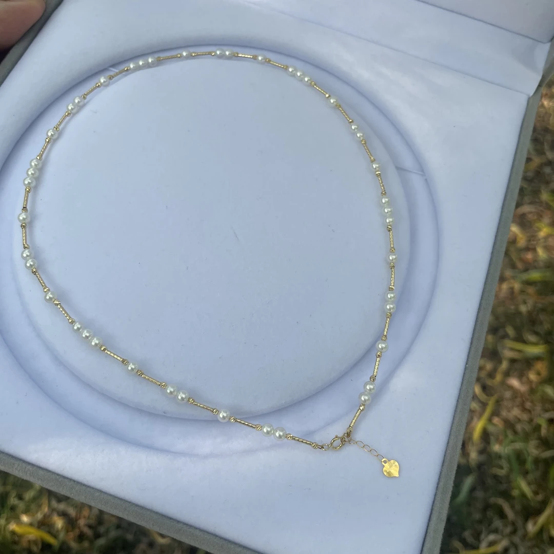 18k金项链天然淡水珍珠项链3-4mm淡水珍珠设计款气质