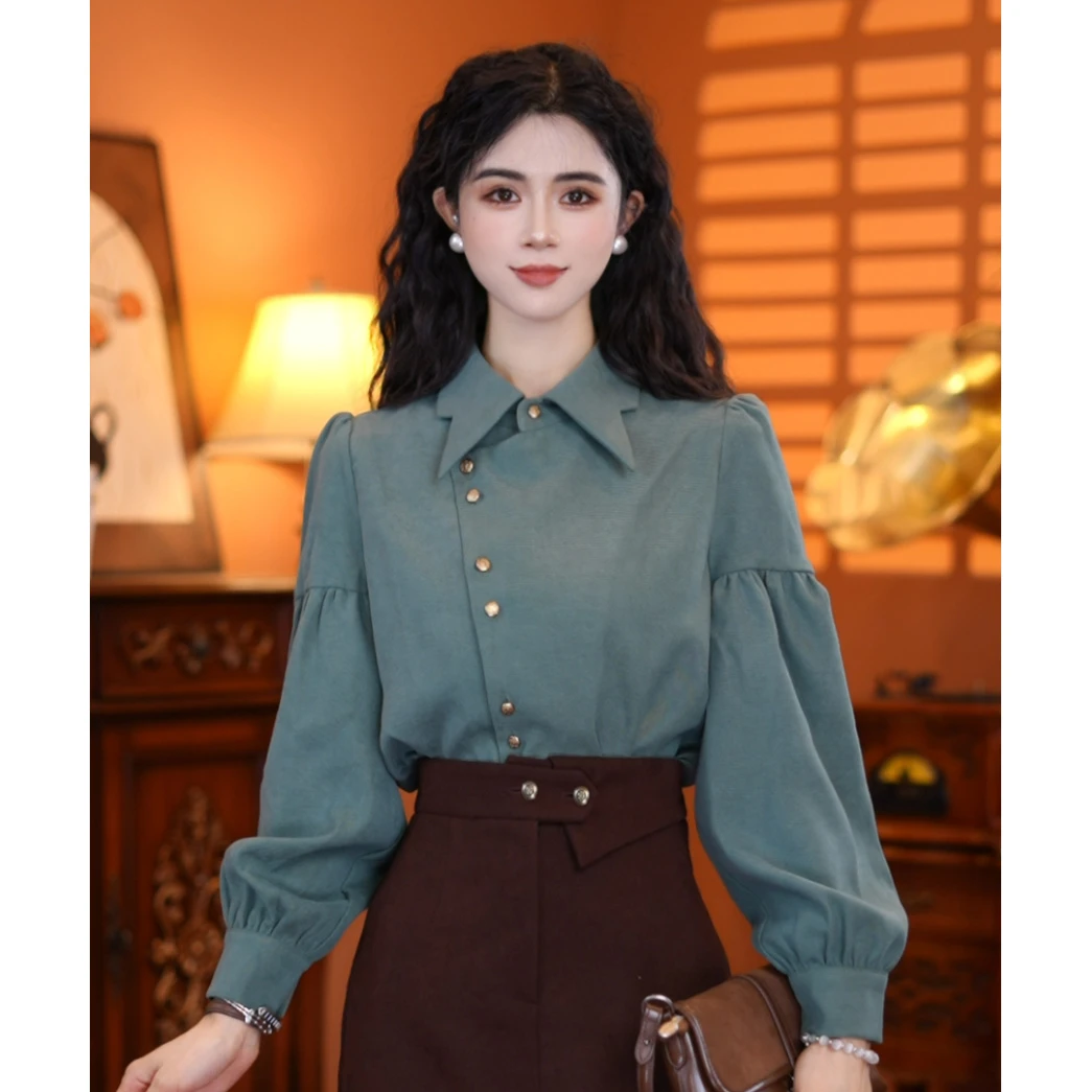 牧子【可可绿】2024秋款简约优雅长袖设计感衬衫上衣01041