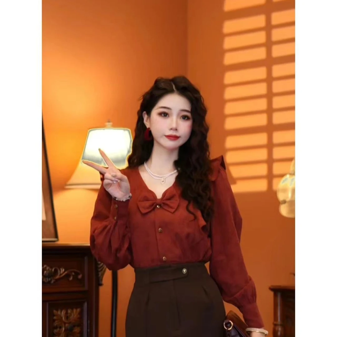 蒋肉肉【温莎往事】秋款蝴蝶结气质显瘦设计减龄新款上衣00753