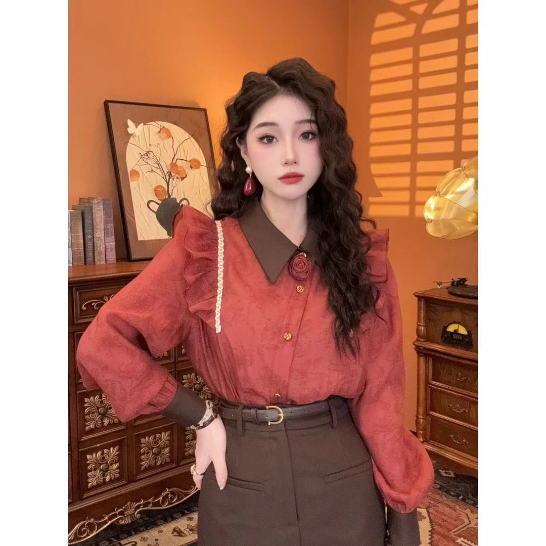 蒋肉肉【慵懒周末】气质拼色显瘦设计减龄设计师新款上衣00615