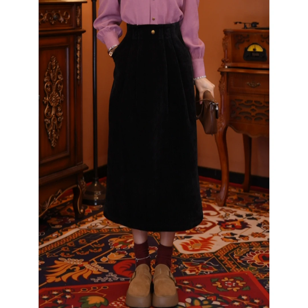 牧子【暮光烤雪】复古百搭加厚显瘦高腰女装气质裙子01170