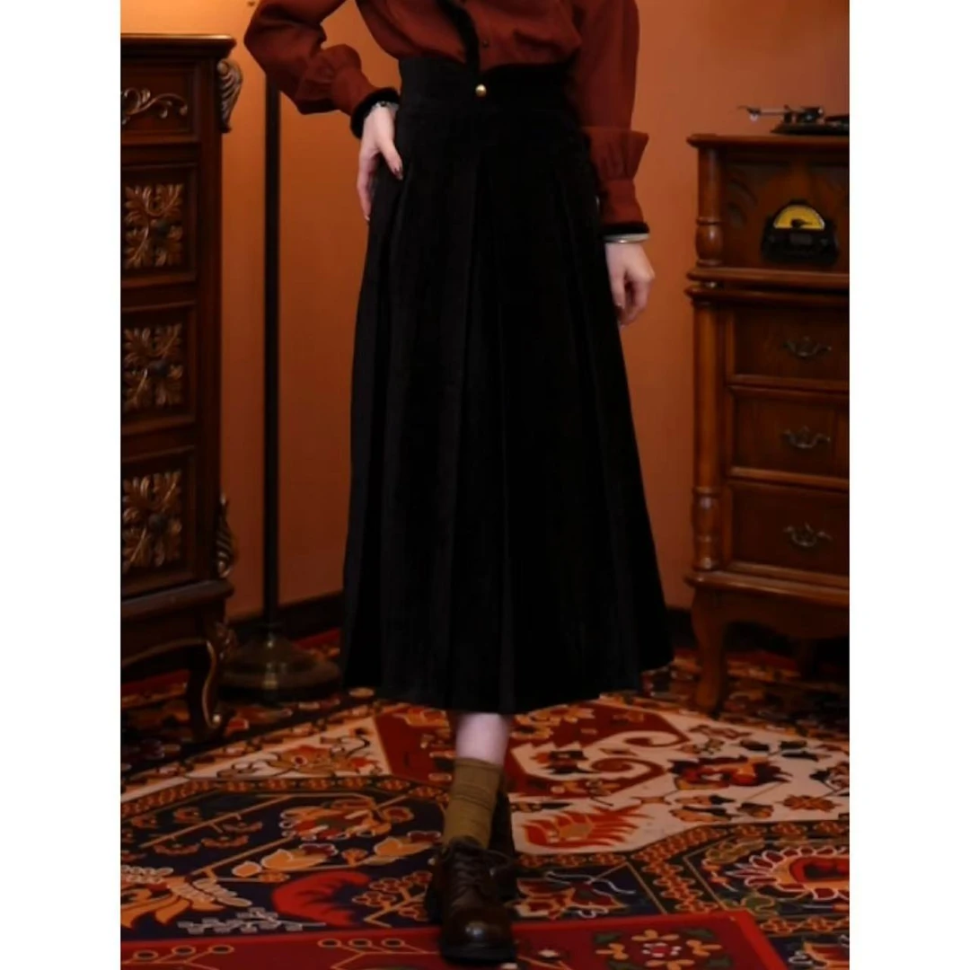 蒋肉肉【慕尼黑夜】复古百搭显瘦高腰女装长裙01206