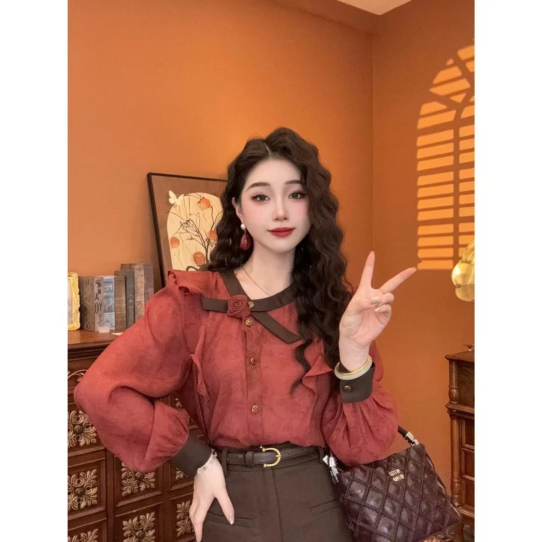 蒋肉肉【化妆舞会】气质红色薄款显瘦设计减龄设计师新款上衣00634