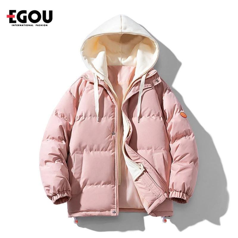 Egou男女学生同款百搭棉衣2023新款情侣款假两件加厚保暖连帽棉服