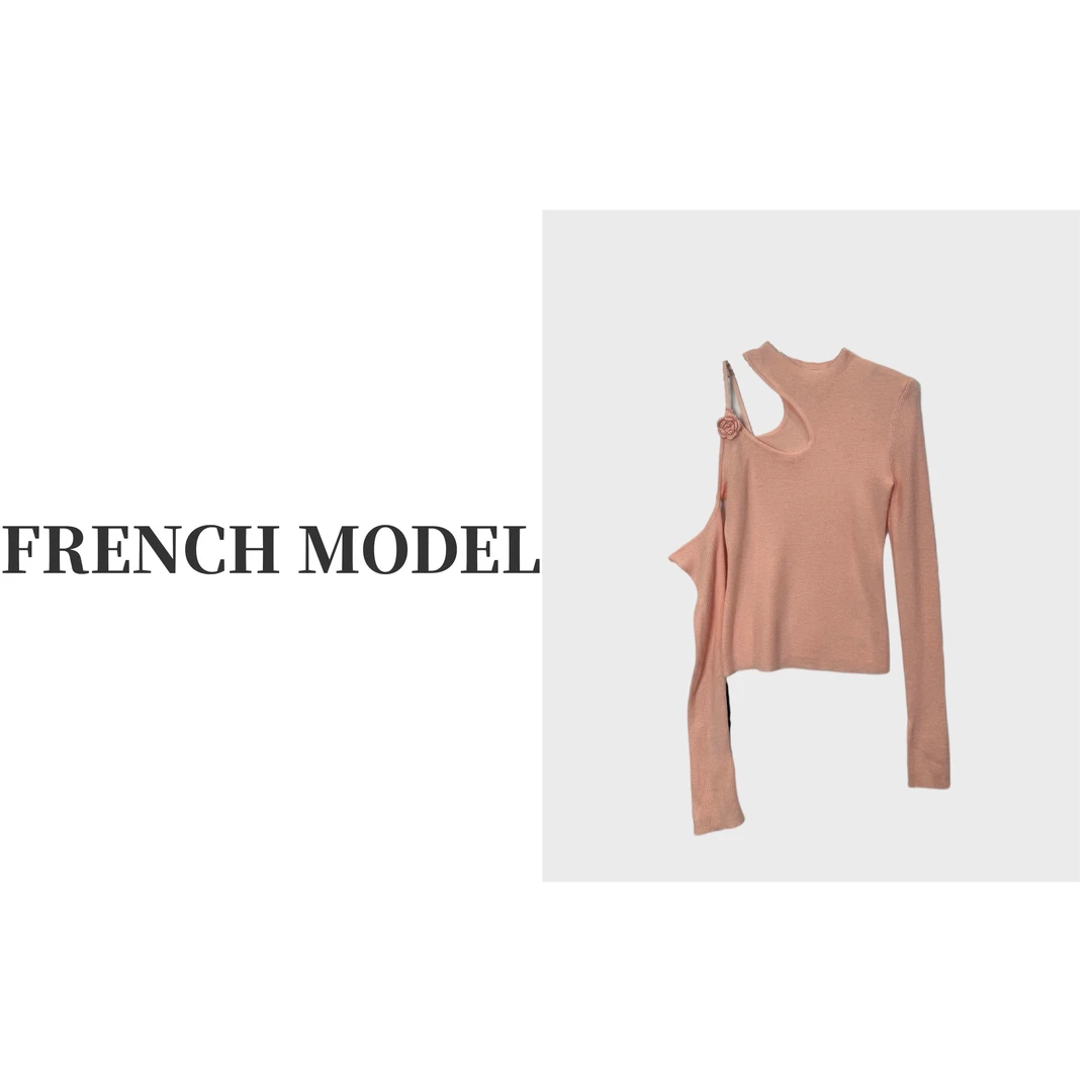 FRENCH MODEL .2024秋冬圆领露肩长袖上衣打底衫 41060409