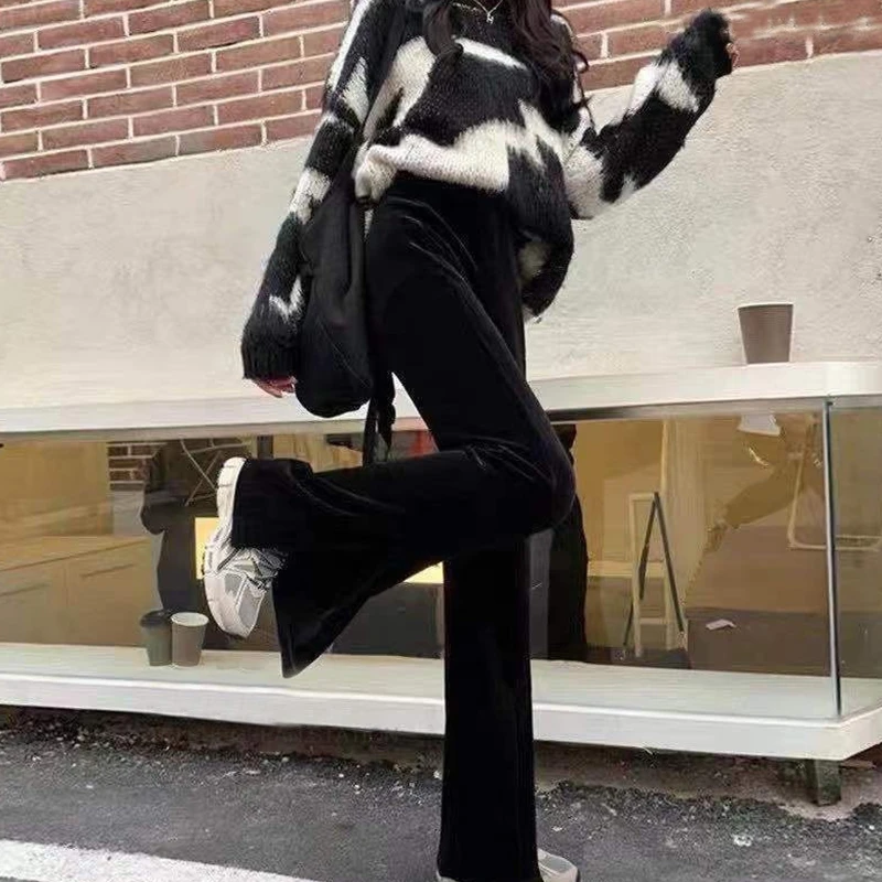 加绒裤子女冬款加厚微喇叭裤黑色显瘦开叉窄版阔腿裤金丝绒休闲裤
