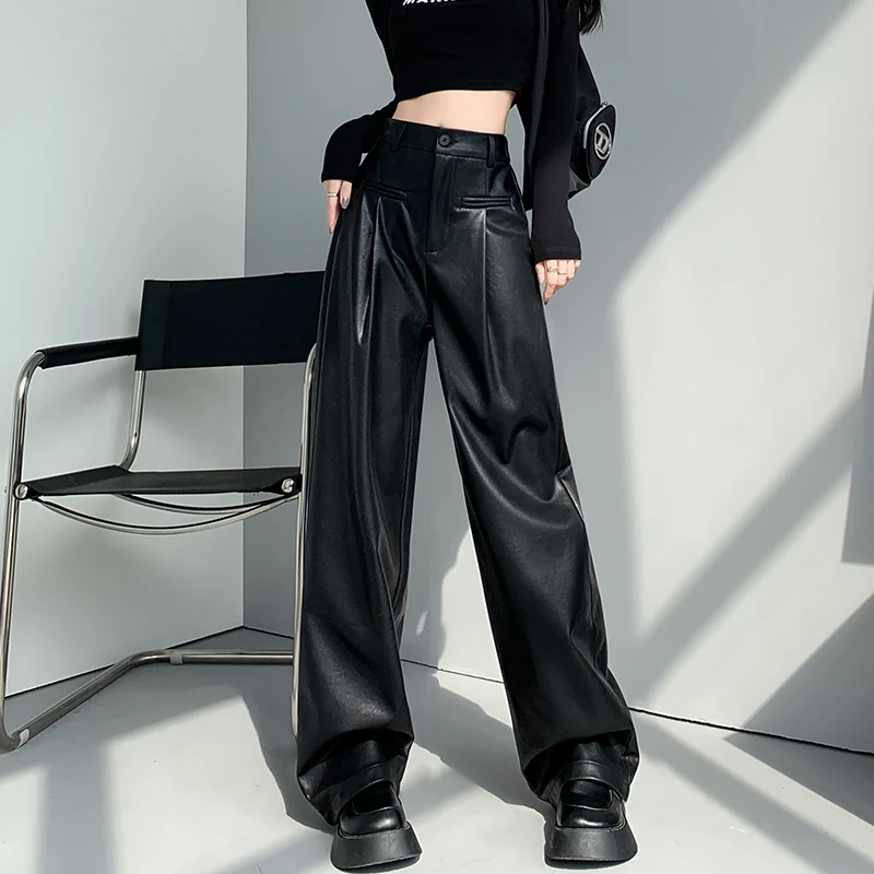 2023秋季美式复古高腰宽松设计感阔腿裤女直筒黑色PU皮裤休闲长裤