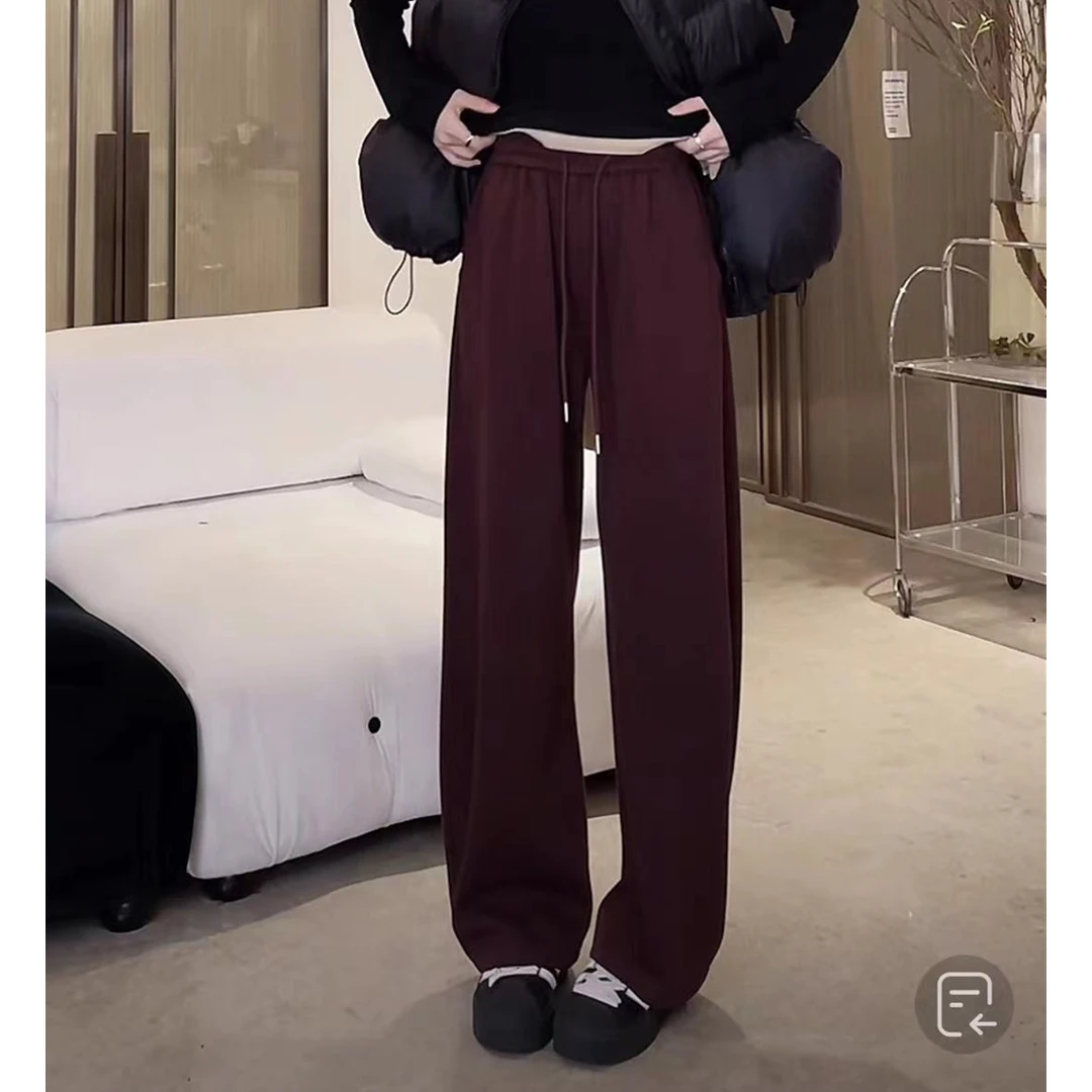 2025秋季爆款酒红色镰刀裤女高腰显瘦弯刀阔腿裤抽绳休闲香蕉裤