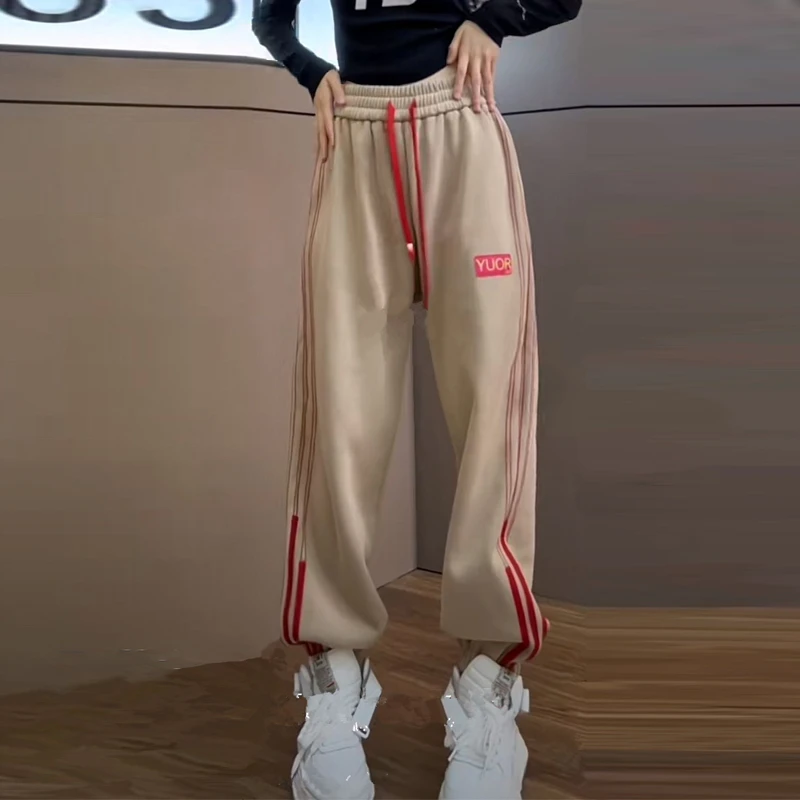 2024秋冬新款拼接加绒运动卫裤女宽松百搭显瘦加厚束脚哈伦裤潮