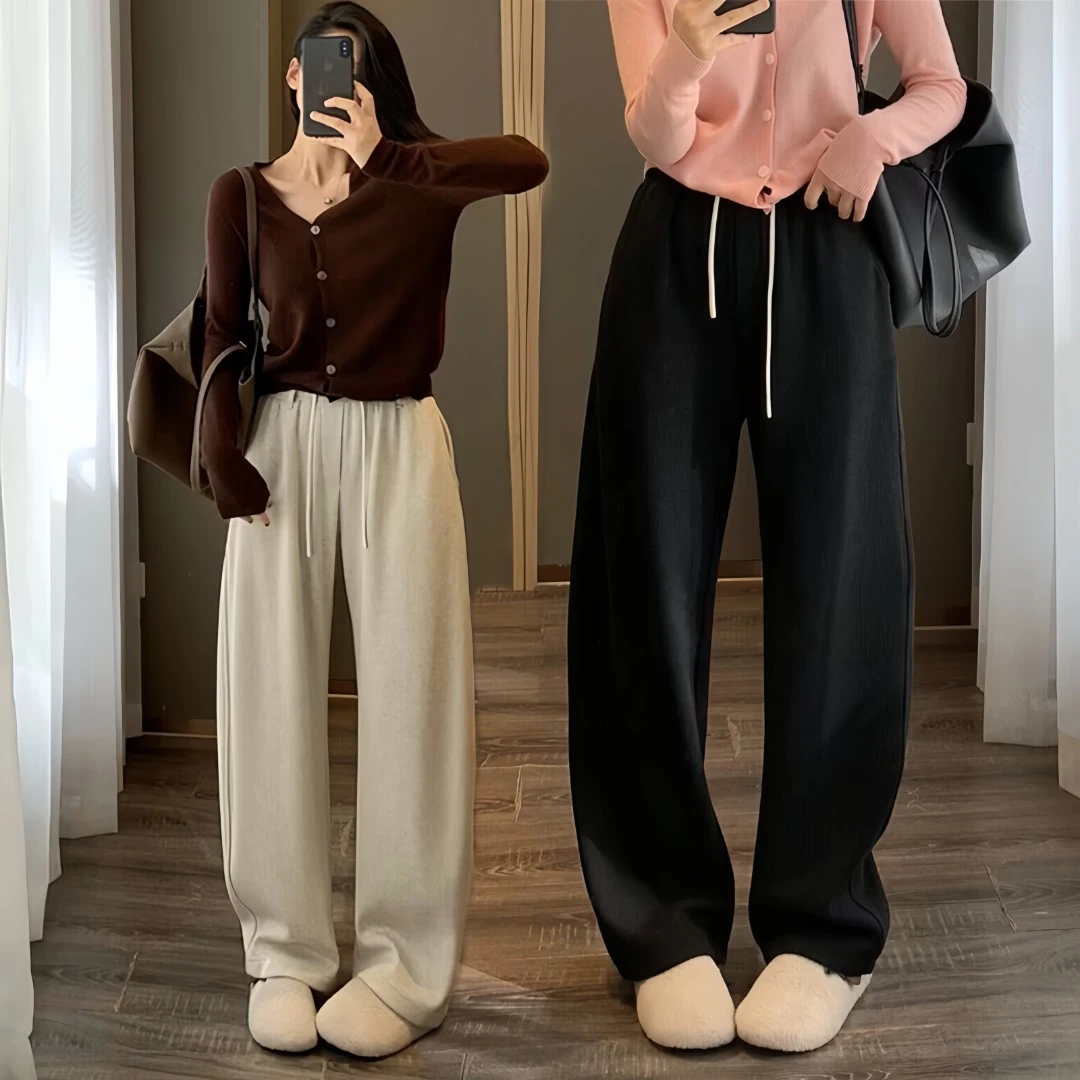 女裤秋冬款高档裤子弯刀裤女加绒加厚宽松直筒休闲裤显瘦阔腿裤子