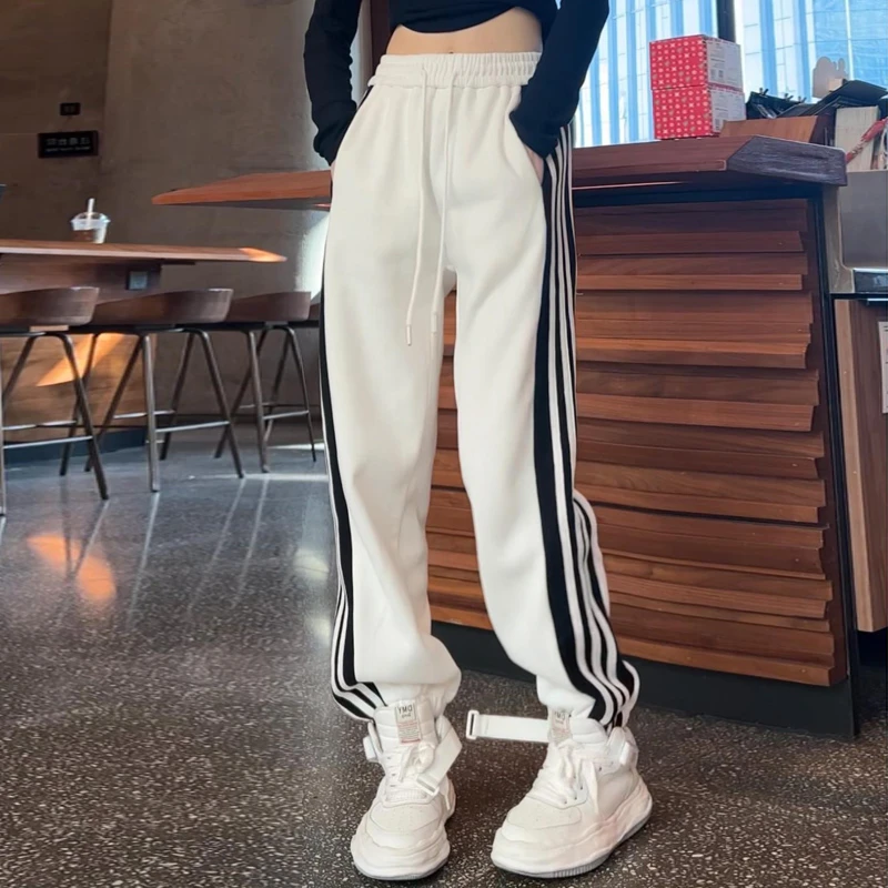 两侧拼条休闲运动裤女2024秋季新款抽绳高腰显瘦宽松百搭束脚裤子