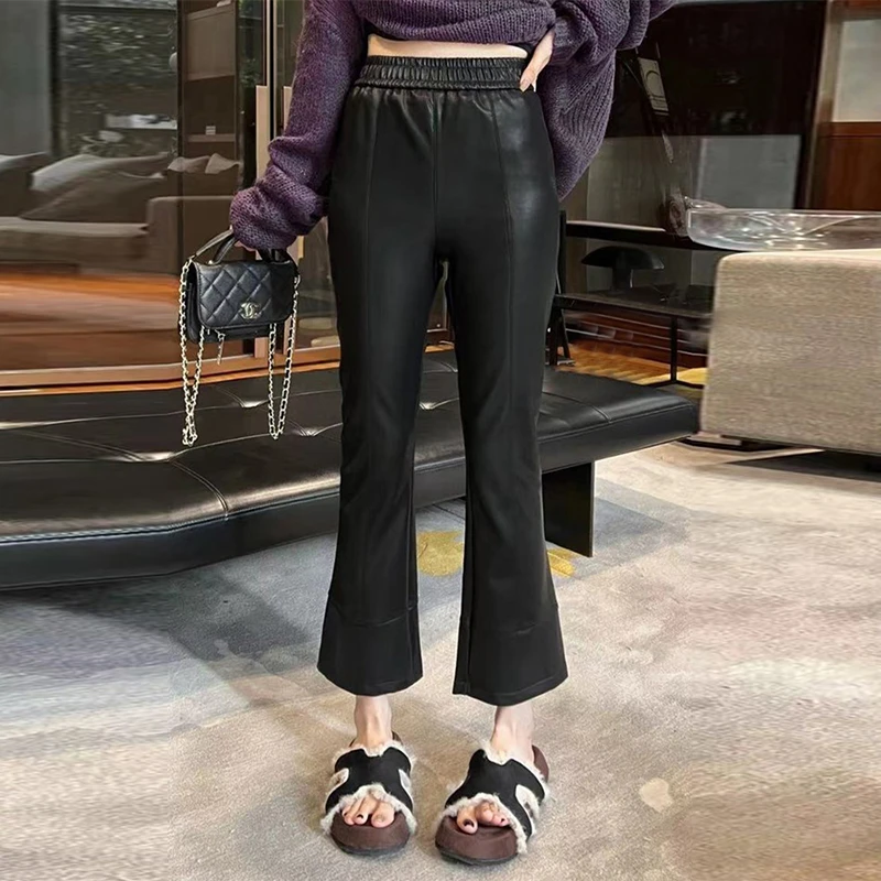 秋冬百搭时尚小微喇皮裤女显瘦高腰直筒阔腿裤休闲窄版九分裤子