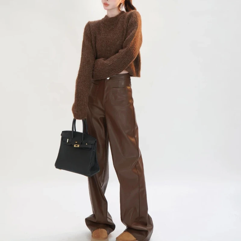 美式复古高腰2024口袋皮裤棕色阔腿裤女秋冬磨毛宽松百搭休闲裤子