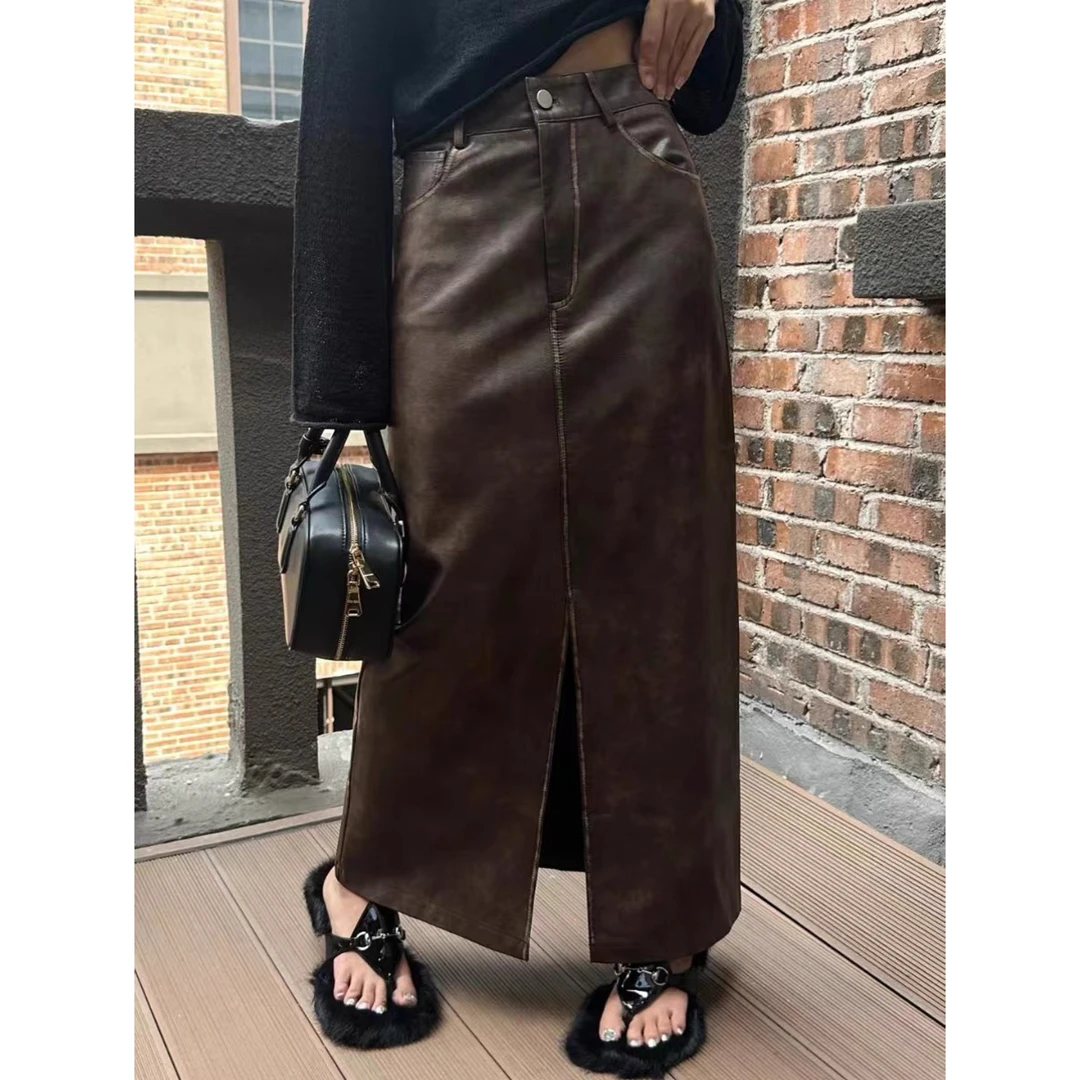 美拉德穿搭复古做旧时尚气质PU皮半身裙女秋冬气质中长款皮裙子