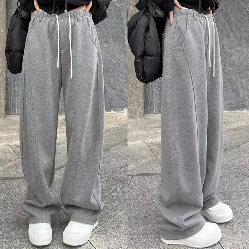 韩系新款加厚加绒时尚秋冬季高腰直筒裤灰色高级感休闲弯刀裤卫裤