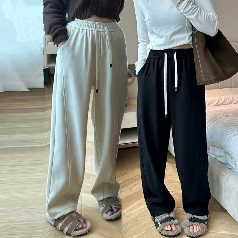 加绒裤子女冬季加厚保暖米白阔腿裤女宽松直筒休闲裤软糯显瘦卫裤