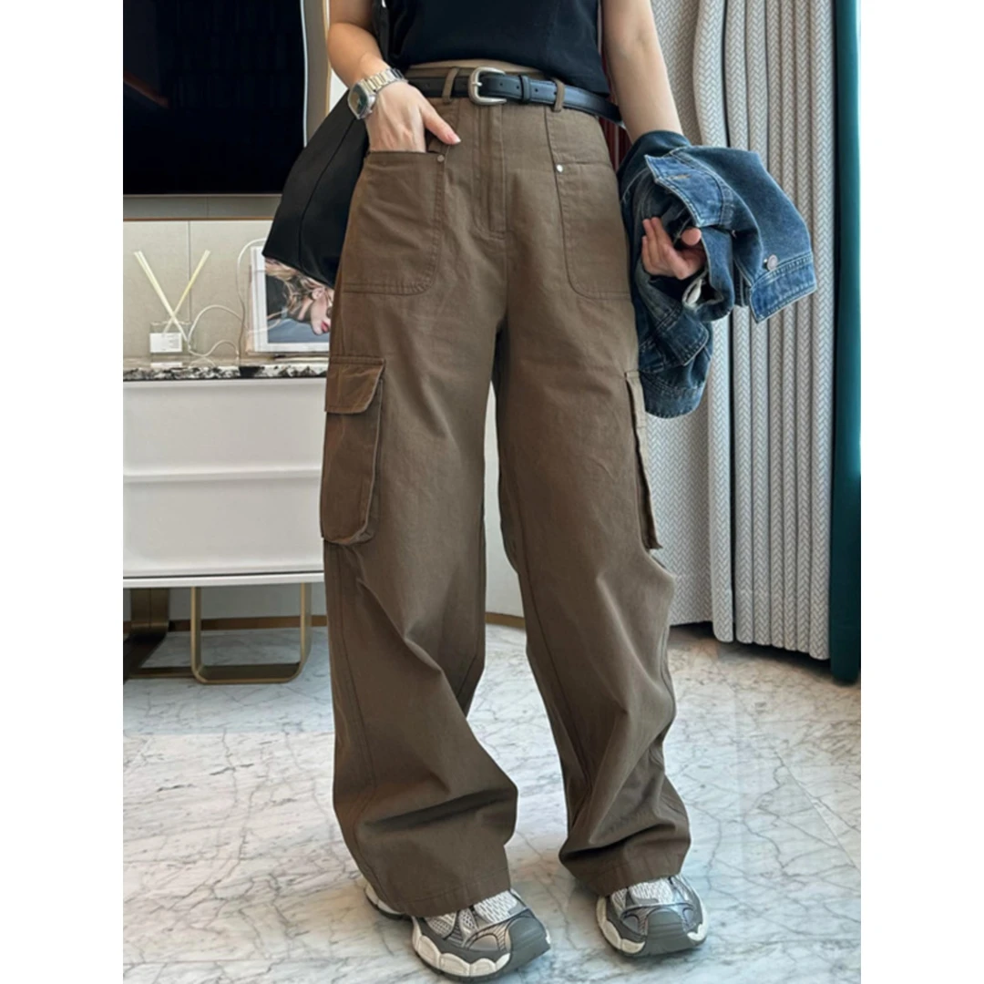 侧边口袋工装阔腿裤女秋装2024新款韩版高腰宽松时尚休闲直简裤子