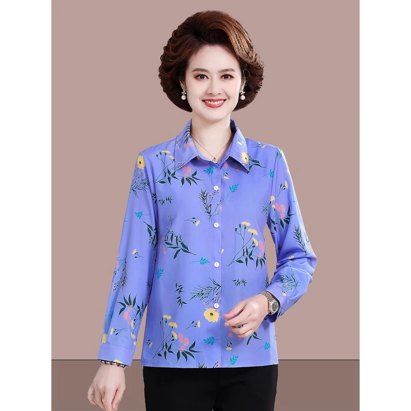 妈妈装长袖衬衫春夏季新款洋气印花开衫上衣中老年女薄款打底衬衣