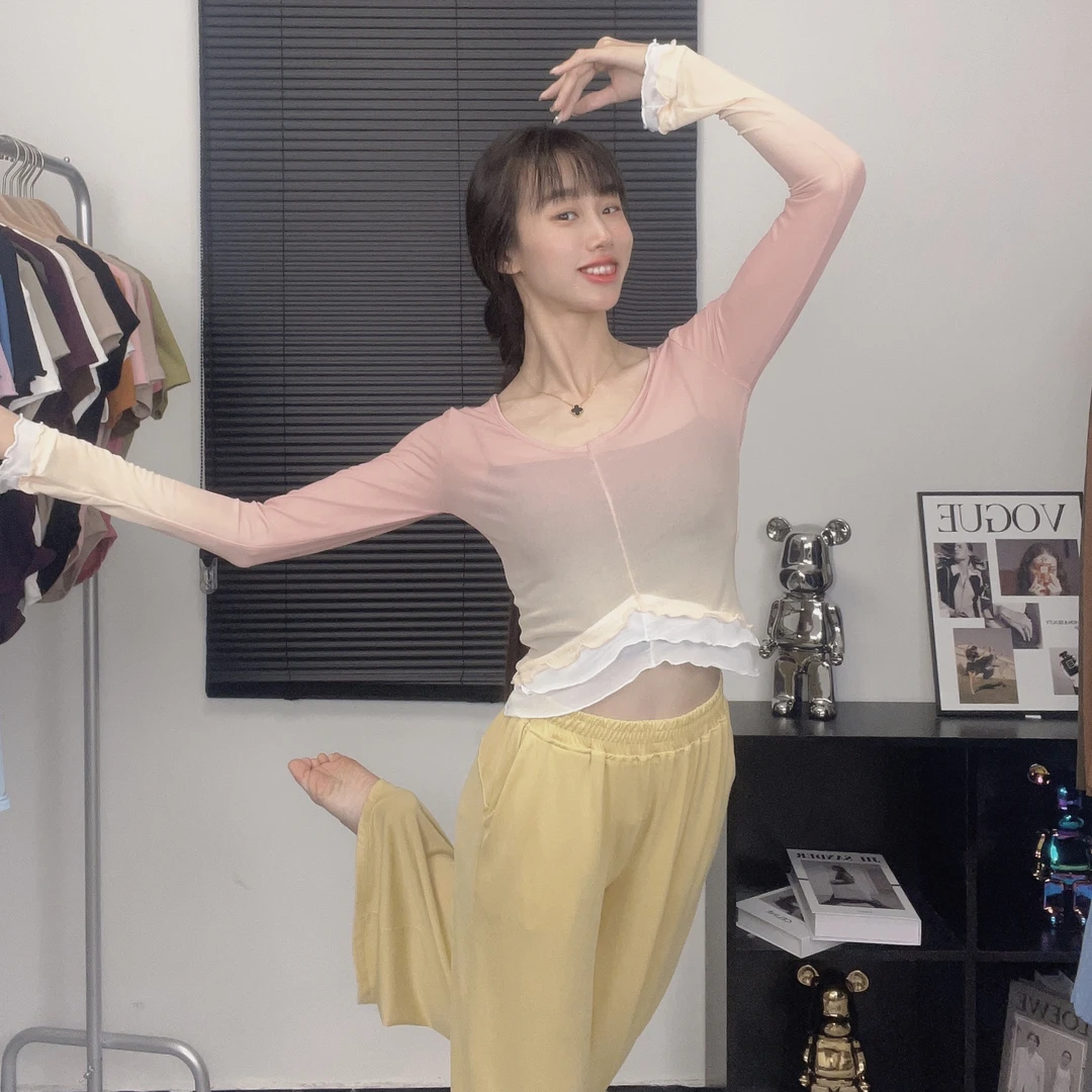 MuMu古典舞渐变练功服女假两件显瘦身韵气质形体服舞蹈生日常网纱