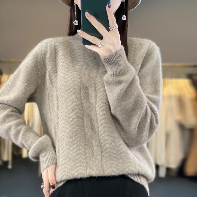 半高领波浪扭花加厚羊毛衫女宽松套头毛衣冬季百搭显瘦针织打底衫