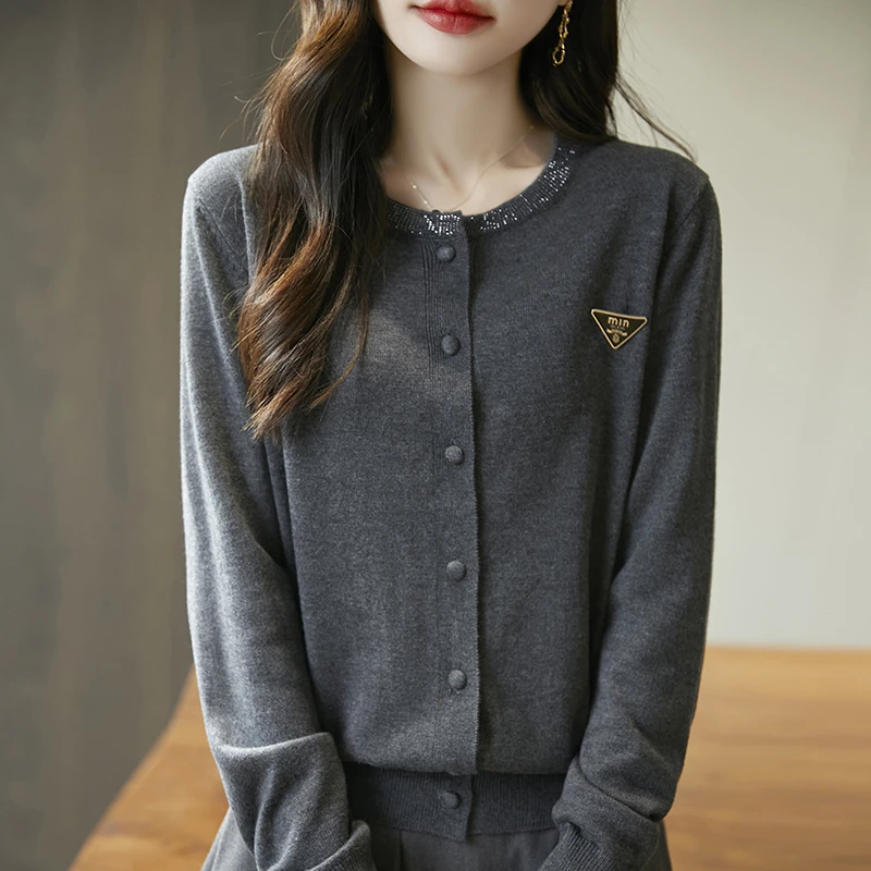 【MacAo专属】精纺羊毛圆领开衫百搭显瘦羊毛打底衫女时尚外穿针织