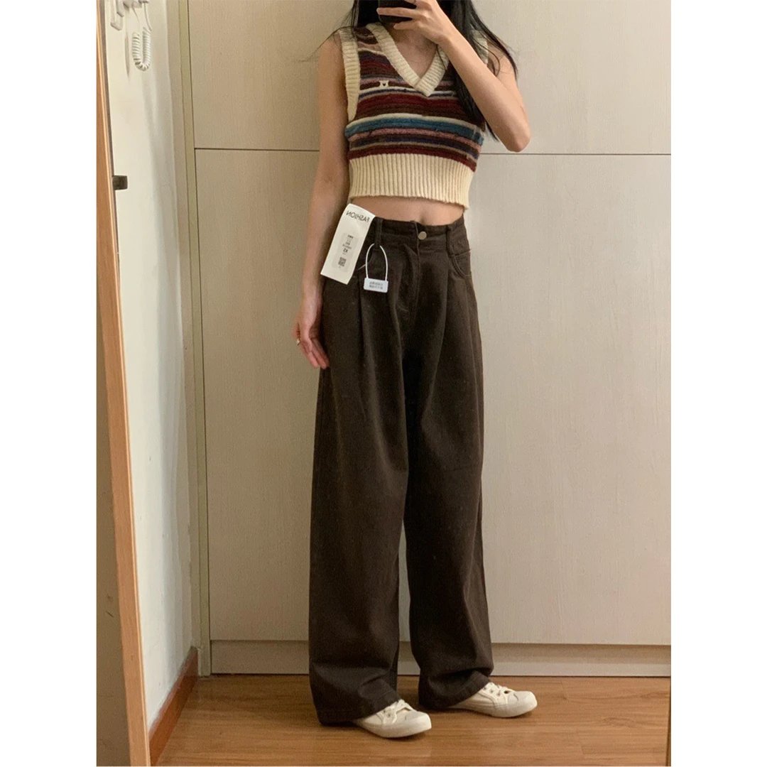 夏菱新款深咖色牛仔裤女胖妹妹mm高腰宽松显瘦阔腿裤梨形身材裤子