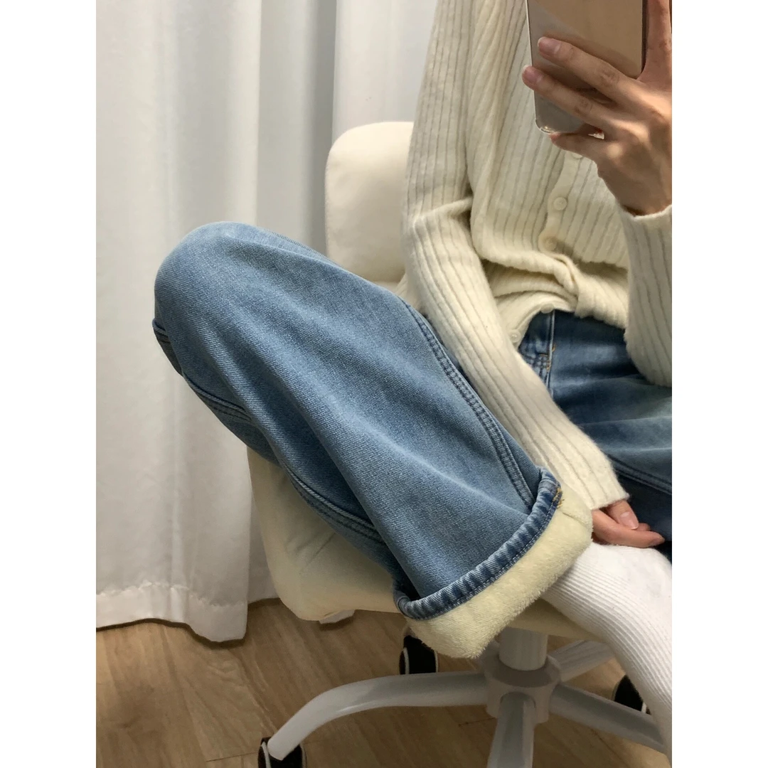 夏菱2025秋冬梨形身材高腰显瘦直筒裤子小个子浅蓝色牛仔裤女