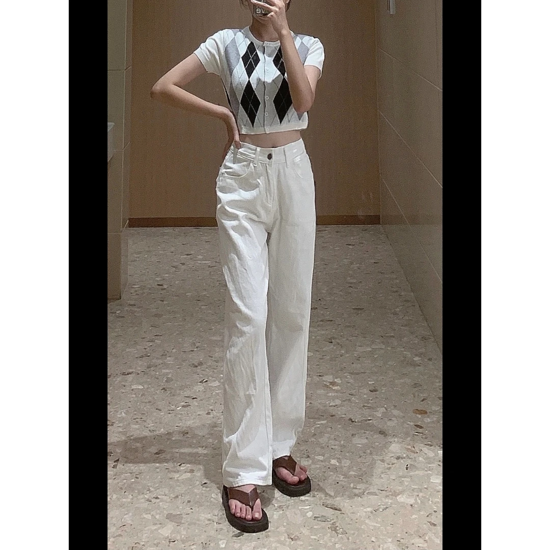 夏菱甜酷风辣妹穿搭白色直筒牛仔女秋盐系美式hiphop高街裤ins潮