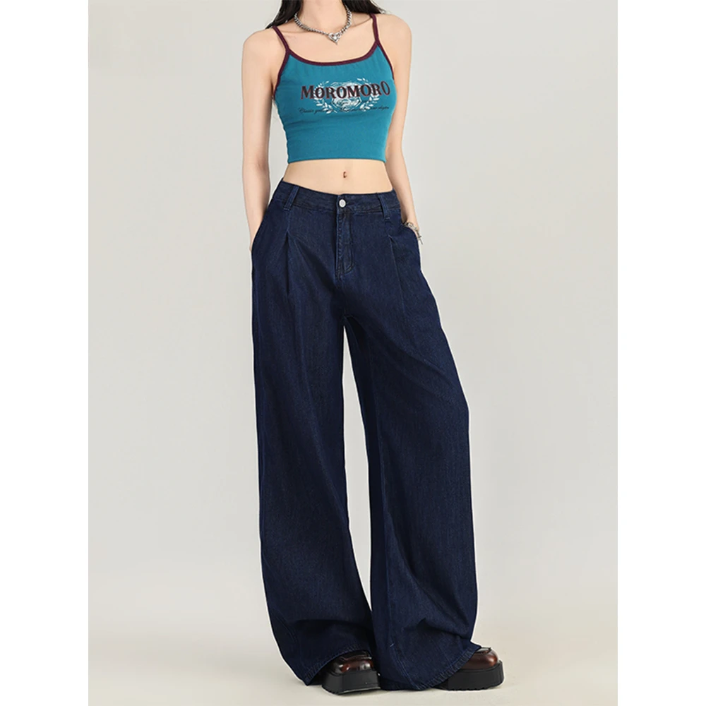 夏菱深蓝色阔腿牛仔裤女2025秋冬新款高腰宽松慵懒风垂感拖地裤子