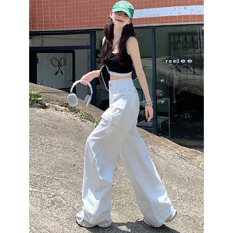 夏菱秋季新款高腰宽松显瘦阔腿裤牛仔裤子潮美式街头白色工装裤女