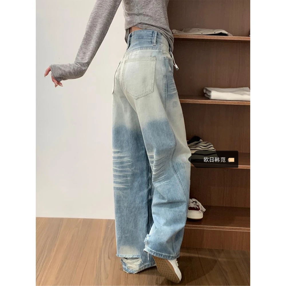 夏菱浅色水洗抓痕磨白牛仔裤女秋冬季美式复古宽松直筒阔腿裤女款