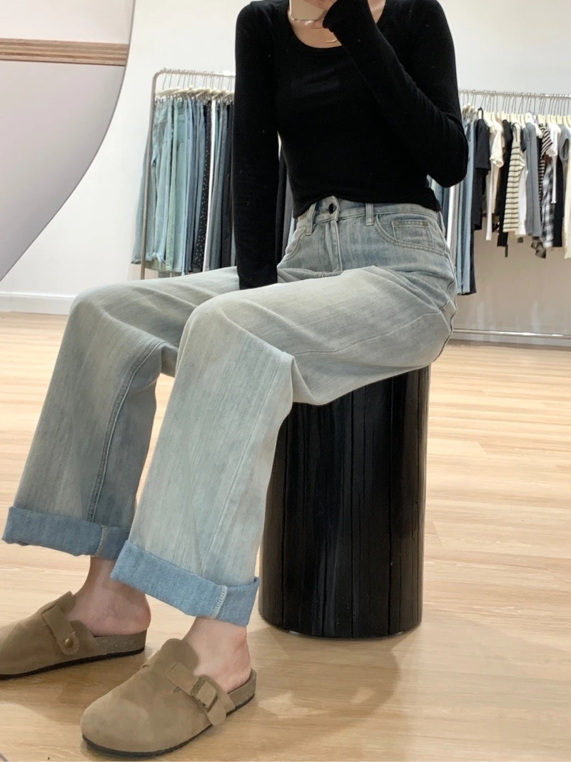 夏菱复古怀旧蓝休闲直筒牛仔裤女2025新款秋冬高腰宽松显瘦阔腿裤