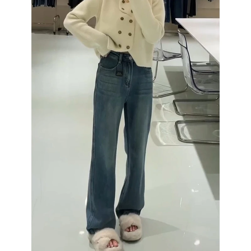 夏菱秋冬新款显瘦宽松高腰裤子ins高街潮垂感拖地裤直筒牛仔裤女