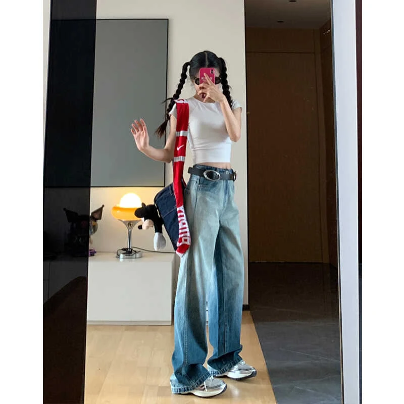 夏菱新款辣妹美式复古水洗蓝直筒牛仔裤女夏季薄款宽松拖地阔腿裤