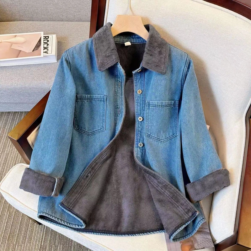 夏菱牛仔夹克水洗外套女加厚加绒宽松百搭休闲牛仔上衣宽松长袖潮