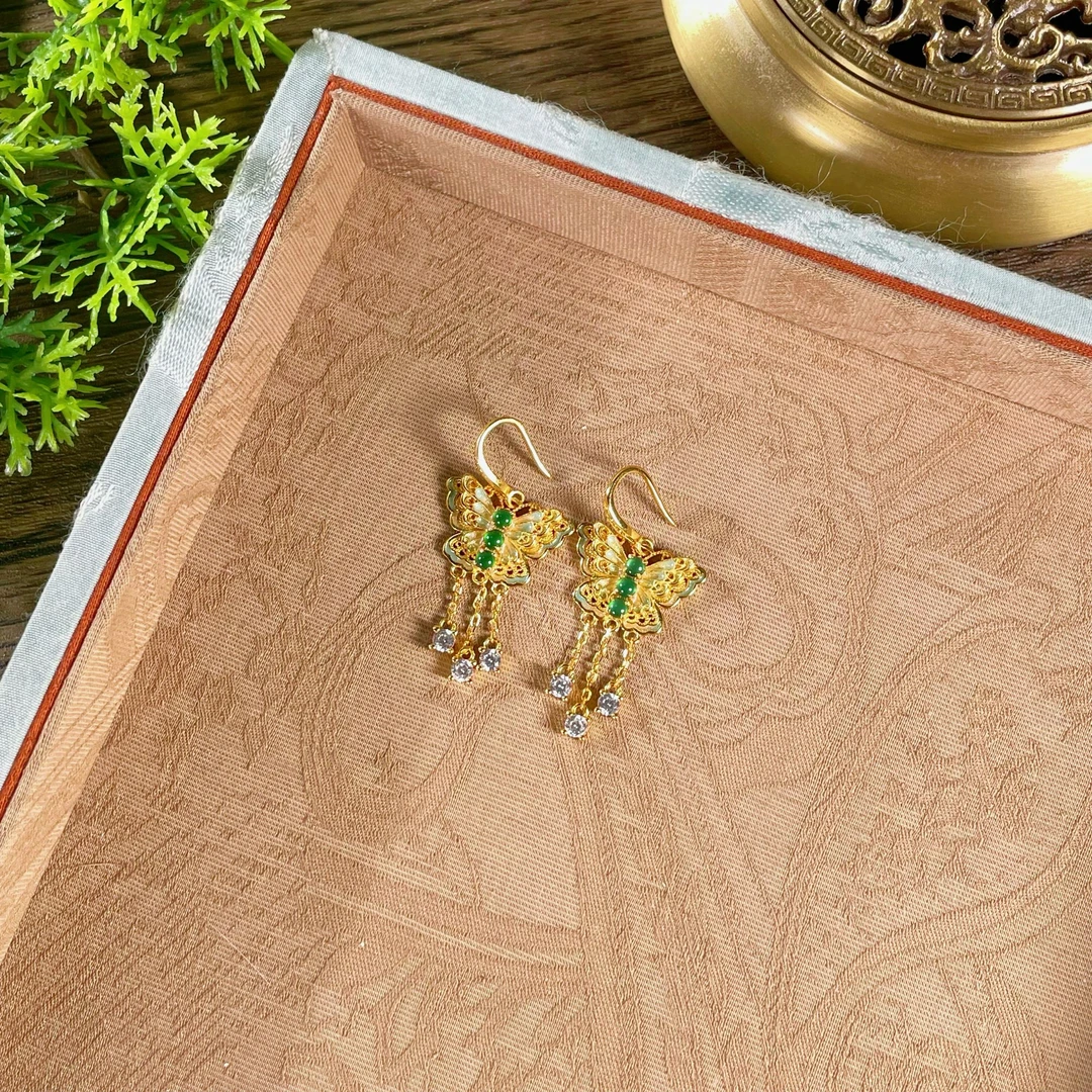 【嘉一珠宝】翡翠蝴蝶耳环耳饰精美古典中式流苏七夕礼物送女友