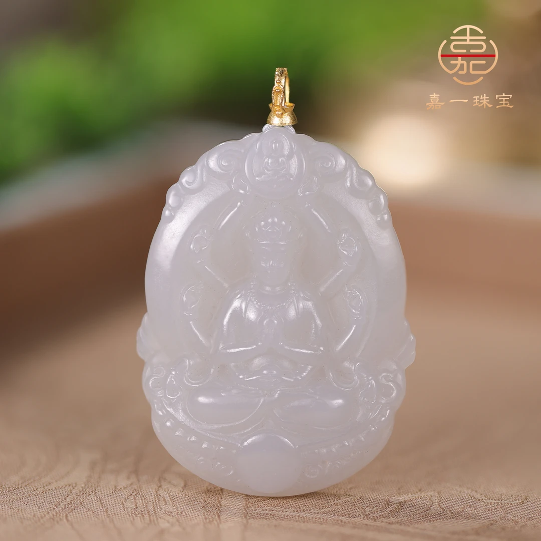 【嘉一珠宝】和田玉烟紫六臂观音K金吊坠男士女士精雕百搭项坠