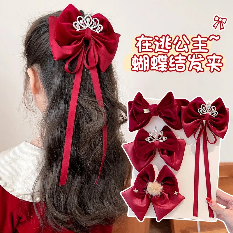 儿童发夹2024新款小女孩新年头饰红色蝴蝶结发饰女童宝宝公主发卡