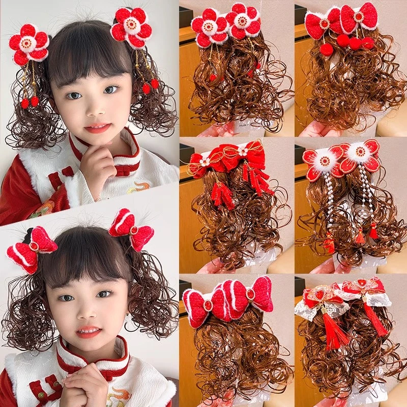 新年儿童发卡头饰小女孩头花可爱假发辫子蝴蝶结表演发夹过年发饰