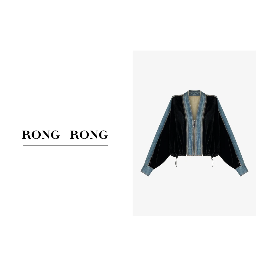 溶溶T【墨蓝轻歌】RONGRONG时尚撞色拼接休闲风牛仔短外套C-I205297