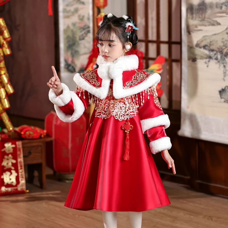 汉服女童冬装中国风唐装冬季加绒儿童拜年服小女孩过年洋气连衣裙