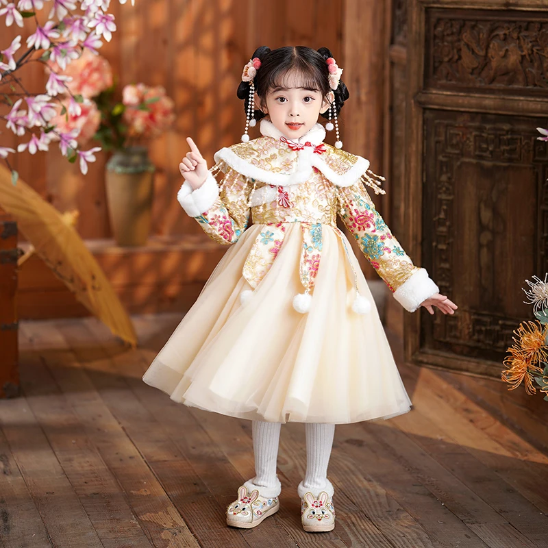 女童拜年服2024新款中国风儿童汉服冬季加绒加厚宝宝新年喜庆唐装