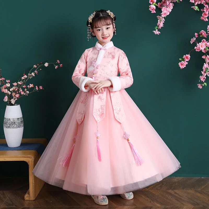 女大童汉服秋冬款小女孩古风连衣裙冬装拜年服加绒古风儿童公主裙