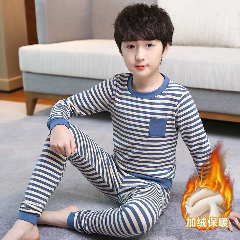 条纹德绒加绒加厚儿童保暖内衣套装冬季宝宝秋衣家居服睡衣中大童