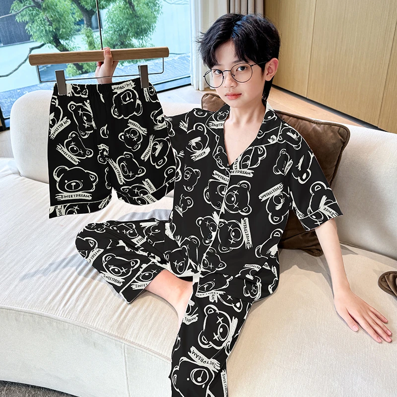 男童洋气睡衣夏季薄款中大儿童冰丝三件套家居服青少年夏天空调服